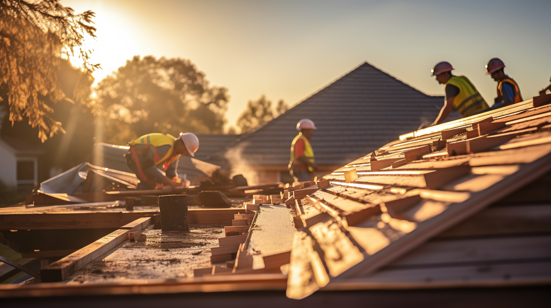 Roofing crew in safety vests and hard hats working on a residential roof at golden hour