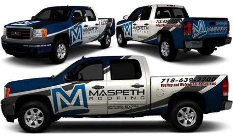 Roofing pickup truck shown from multiple angles with branded graphics