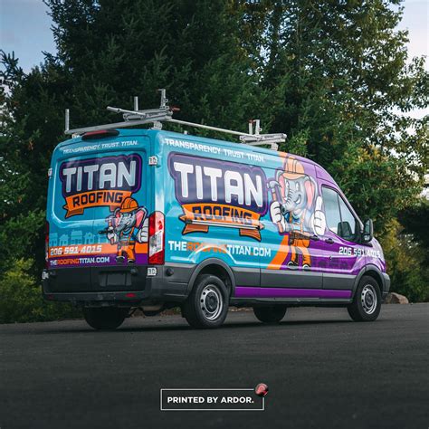Fully wrapped roofing service van with bold branding parked at job site